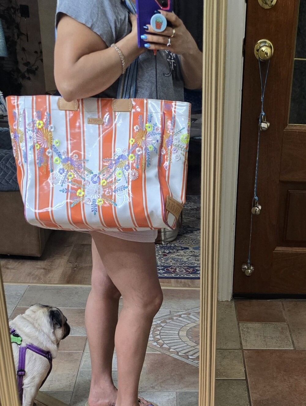 Consuela Orange & White Striped Floral Tote